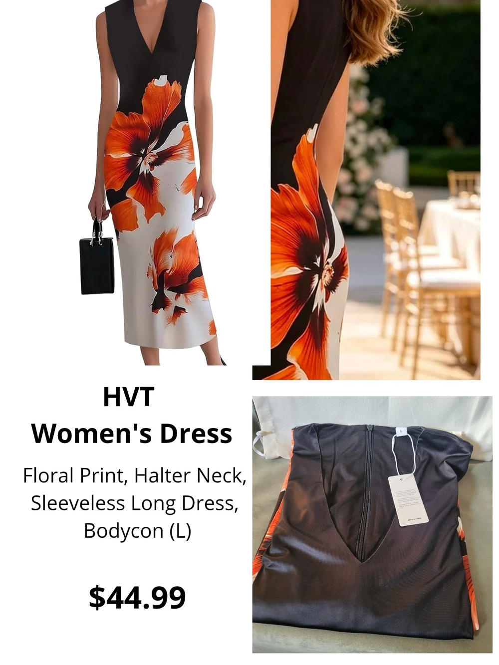Sleeveless Black & Orange Floral Maxi Halter Dress